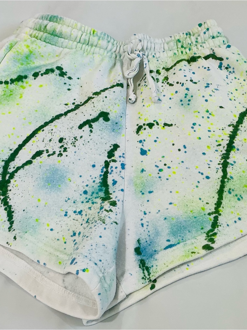 Aviator Nation White Shorts with Green, Blue & Neon Yellow Splatter